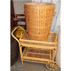 LARGE WICKER HAMPER AND WICKER TEA TROLLEY