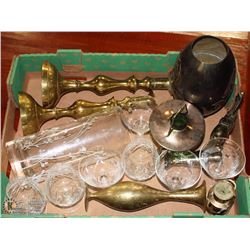 ESTATE BOX WITH CRYSTAL, CANDLE HOLDERS, ETCHED