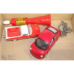 FLAT OF ASSORTED ITEMS INCL 2 DIE CAST CARS,