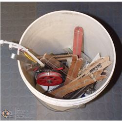 5 GAL PAIL OF ASSORTED ICE FISHING ITEMS.