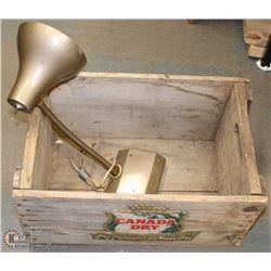 CANADA DRY WOOD CRATE & VINTAGE DESK LAMP.