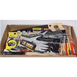 FLAT OF NEW ASSORTED TOOLS INCL JET TAPE MEASURER,