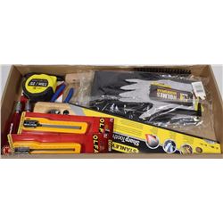 FLAT OF NEW ASSORTED TOOLS INCL JET TAPE MEASURER,