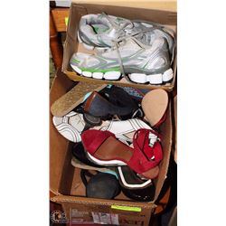 BOX OF NEW SANDLES, HIGH HEELS AND OTHER SHOES.