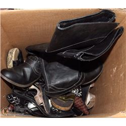 BOX OF NEW HIGH HEELS AND PAIR OF BOOTS.