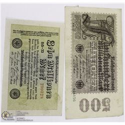 2 GERMAN BANK NOTES INCL 500 MARKS 1924 AND 10