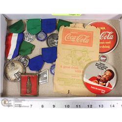 TRAY OF COCA COLA MEMORABILIA  AND PHOTOGRAPH