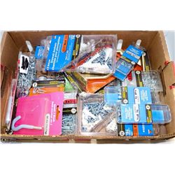 LARGE FLAT OF NEW FASTENERS,SCREWS,HOOKS &