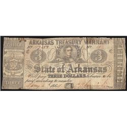 1864 $3 State of Arkansas Treasury Warrant Note