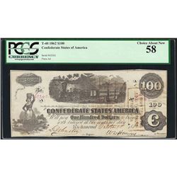 1862 $100 Confederate States of America Note T-40 PCGS Choice About New 58