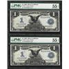 Image 1 : Lot of (2) Consecutive 1899 $1 Black Eagle Silver Certificate Notes PMG AU55EPQ