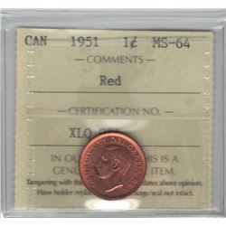Canada 1951 Cent ICCS MS64 Red