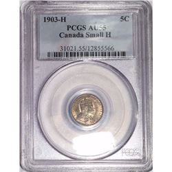 Canada 1903H Silver 5 Cent Small H PCGS AU55