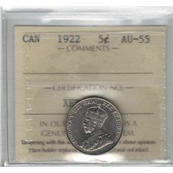 Canada 1922 Nickel 5 Cent ICCS AU55