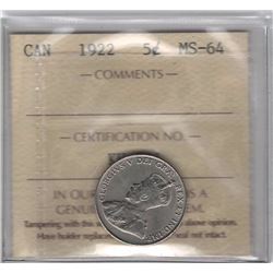 Canada 1922 Nickel 5 Cent ICCS MS64