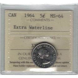 Canada 1964 Extra Water Line Nickel 5 Cent ICCS MS64
