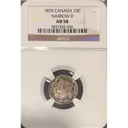 Canada 1870 Narrow 0 Silver 10 Cents NGC AU58