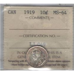 Canada 1919 Silver 10 Cents ICCS MS64