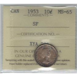 Canada 1953 Silver 10 Cents ICCS MS65
