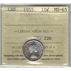 Canada 1955 Silver 10 Cents ICCS MS65