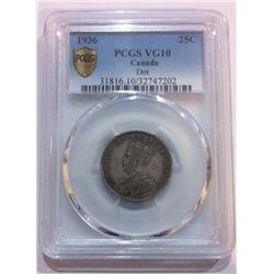 Canada 1936 25 Cents Dot PCGS VG10