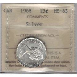 Canada 1968 Silver 25 Cents ICCS MS65