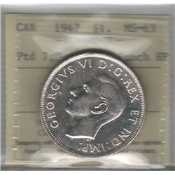 Canada 1947 Pointed 7 Silver Dollar ICCS MS63