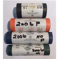 Canada 2006 Rolls 5c No P, 10c Logo, 25c with P, Lucky Loonie