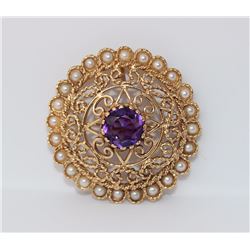 14KT Yellow Gold Amethyst and Pearl Vintage Brooch - Pendant