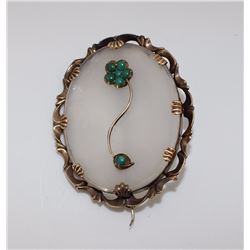 14KT Yellow Gold (presumed) Mother-of-Pearl and Chrysoprases Vintage Brooch