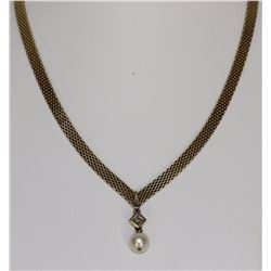 14KT Yellow and White Gold Pearl and Diamond Drop Pendant