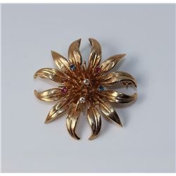 14KT Yellow Gold Diamond, Rubies, and Sapphires Floral Brooch - Pendant
