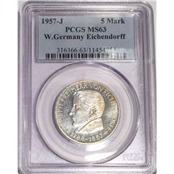 Germany 1957-J 5 Mark Eichendorff PCGS MS63