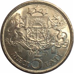 Latvia 1929 Silver 5 Lati