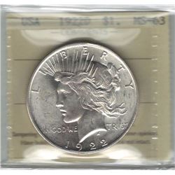 United States 1922D Peace Dollar ICCS MS63