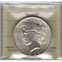 United States 1922 Peace Dollar ICCS MS62