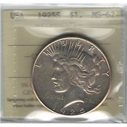 United States 1925S Peace Dollar ICCS MS62