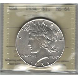United States 1934 Peace Dollar ICCS MS64