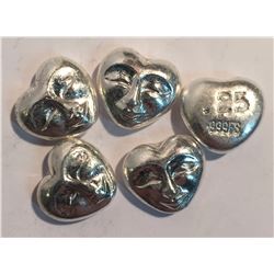 5x Quarter Ounce Silver Hearts by Beaver Bullion