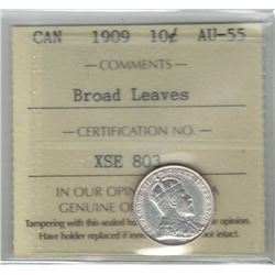 Canada 1909 Silver 10 Cents ICCS AU55 Broad Leaves