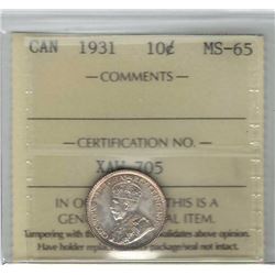 Canada 1931 Silver 10 Cents ICCS MS65