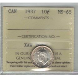 Canada 1937 Silver 10 Cents ICCS MS65