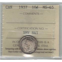 Canada 1937 Silver 10 Cents ICCS MS65 Toned
