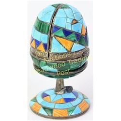 Unique Zuni style Fabergé egg sterling silver with turquoise, blue lapis and coral, egg hinging to r