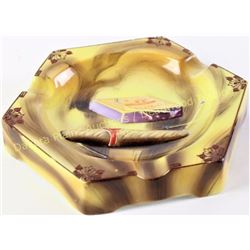 Scarce unmarked Nippon molded porcelain cigar ashtray with raised match box and cigar, hand painted,