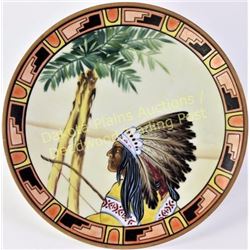 Hand painted Nippon porcelain hanging plate with scarce Indian Chief pattern, 8" diameter with green