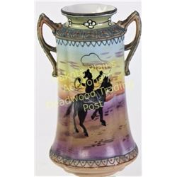 Fine hand painted Nippon vase double handled with silhouette cowboy scene showing wonderful colors a