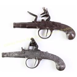 Collection of 2 all steel antique flintlock pocket pistols, one marked London Segias approx. 36 cal 