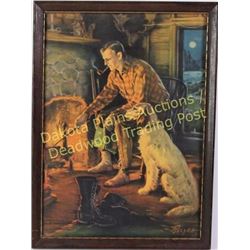 Classic vintage lithograph entitled Fireside Fancies, depicts hunter and his dog. In original frame,