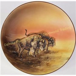 Rare hand painted Nippon molded raised relief buffalo plaque, 10 1/2" diameter with green Nippon M i